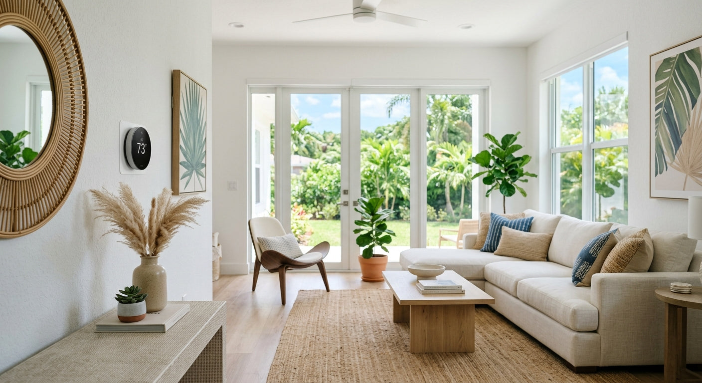 Modern Florida living room with a wall thermostat
