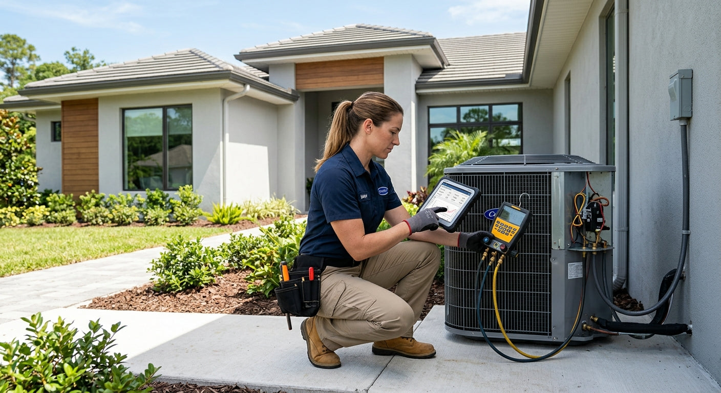 Technician inspecting a residential outdoor AC condenser