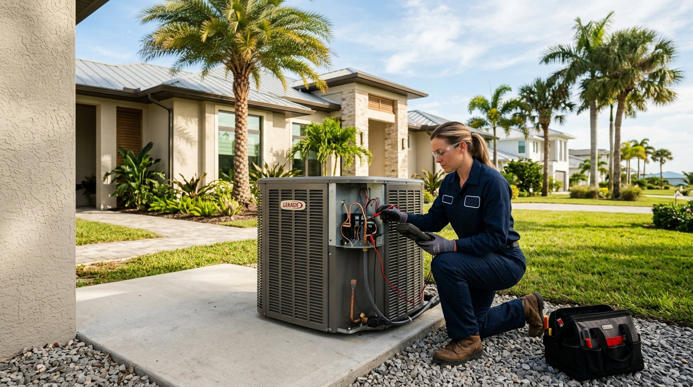 HVAC technician sizing an air conditioner at a Florida home