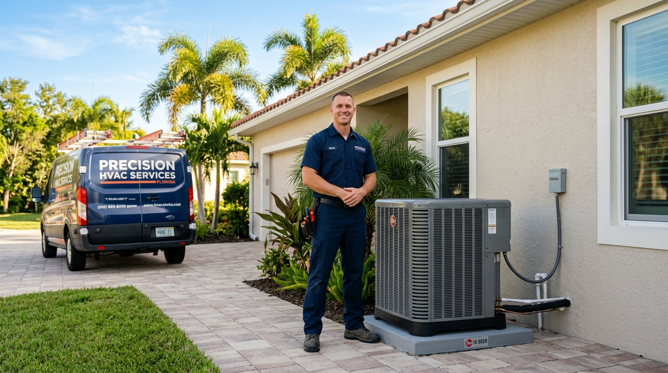 HVAC professional beside a newly installed condenser at a Florida home